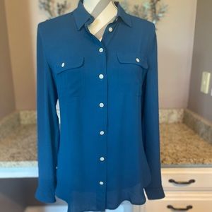Blue Collar button down, long sleeve, polyester top, option to cuff sleeves.